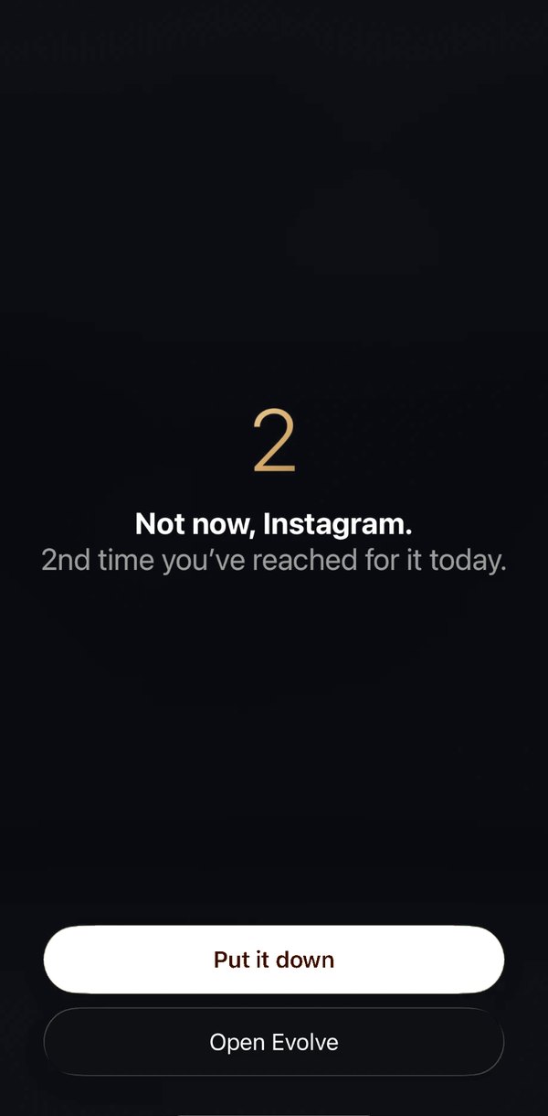 Evolve block screen: Not now, Instagram. 2nd time you've reached for it today.